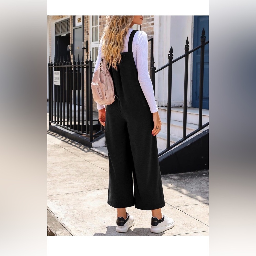 🆕Corduroy Casual Sleeveless Adjustable Strap Wide Leg Jumpsuits with Pockets - Picture 2 of 3